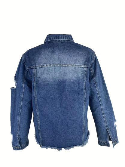 MsDressly Jackets Ripped Raw Hem Single-Breasted Lapel Long Sleeve Denim Jacket