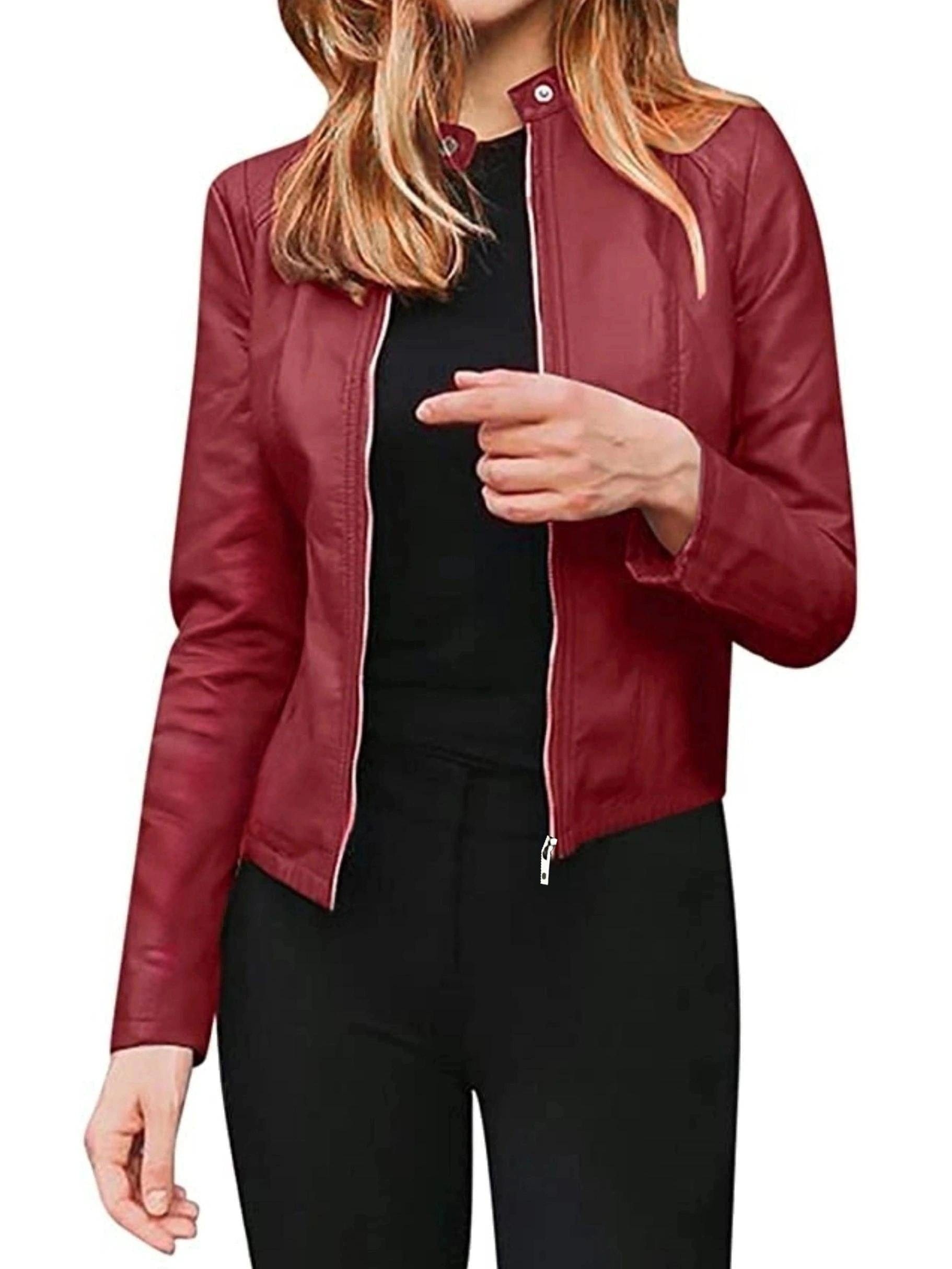 MsDressly Jackets Solid Lightweight Faux Leather Zipper Casual Crop Jacket