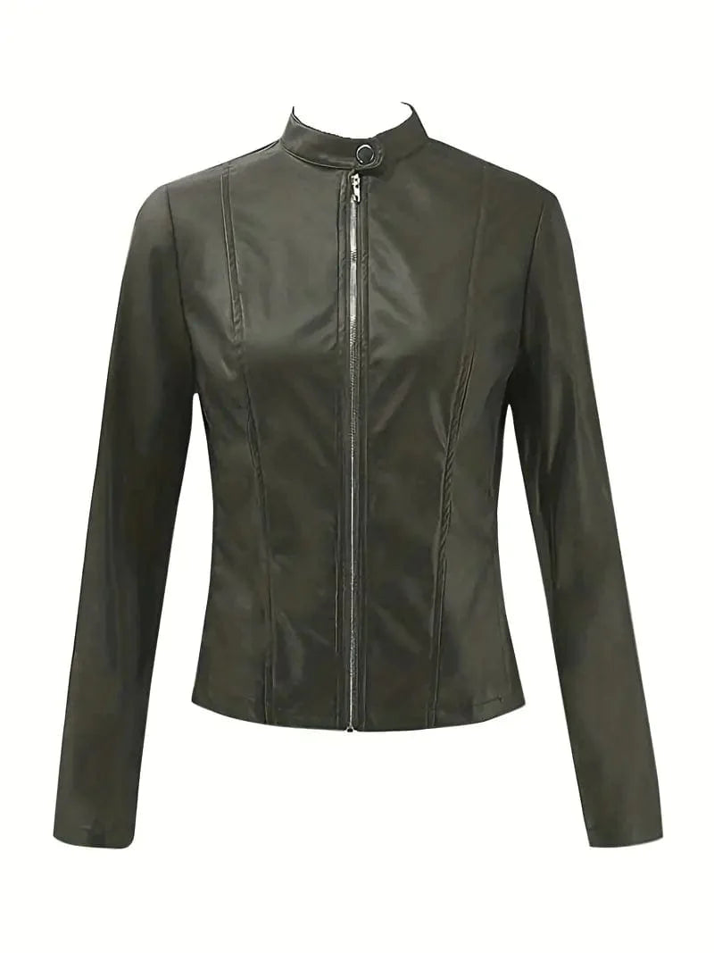 MsDressly Jackets Solid Lightweight Faux Leather Zipper Casual Crop Jacket