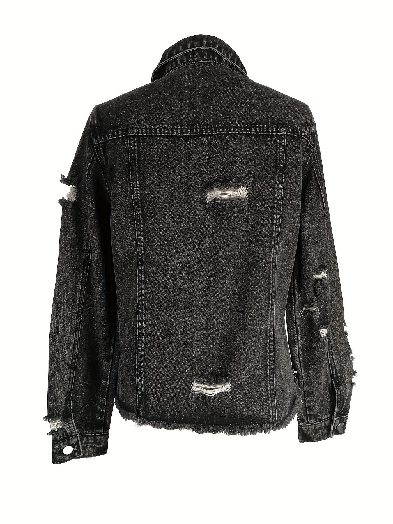 MsDressly Jackets Vintage Ripped Raw Hem Flap Pockets Long Sleeve Denim Jacket