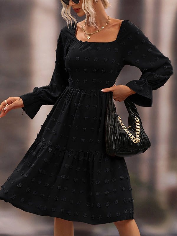 Jacquard Square Neck Long Sleeve Chiffon Dress