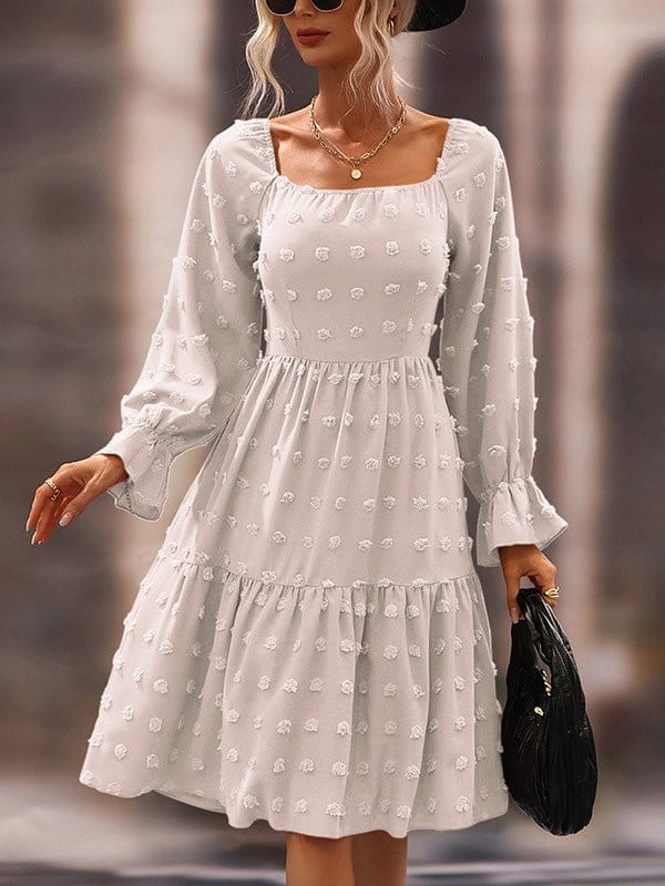 Jacquard Square Neck Long Sleeve Chiffon Dress