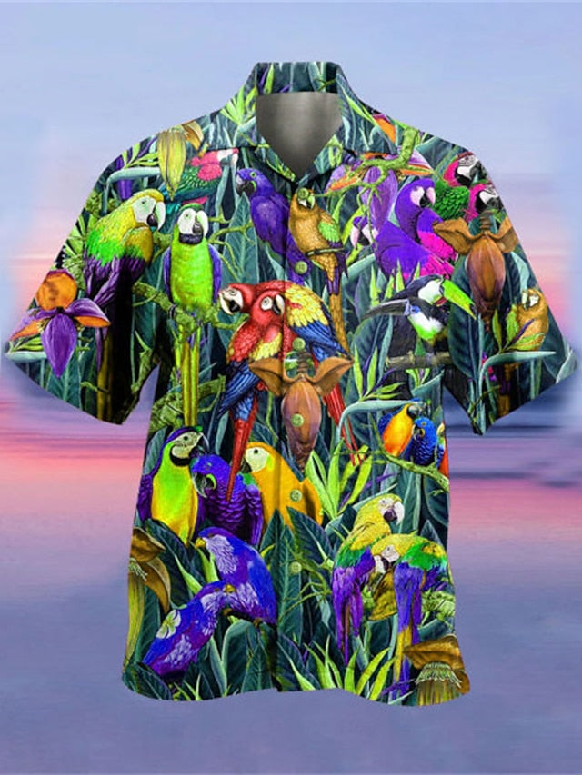 Men's Shirt Summer Hawaiian Shirt Camp Collar Shirt Graphic Shirt Aloha Shirt Parrot Turndown Yellow Light Green Pink Red Blue 3D Print Outdoor Street Short Sleeve Button-Down Clothing Apparel - LuckyFash™