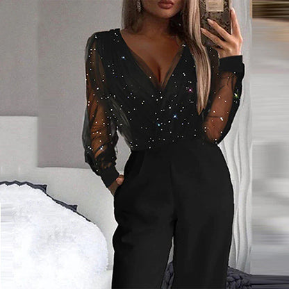 Women‘s Jumpsuit for Special Occasions Mesh Sequin Solid Color V Neck Elegant Party Prom Regular Fit Long Sleeve Black S M L Spring  Fall