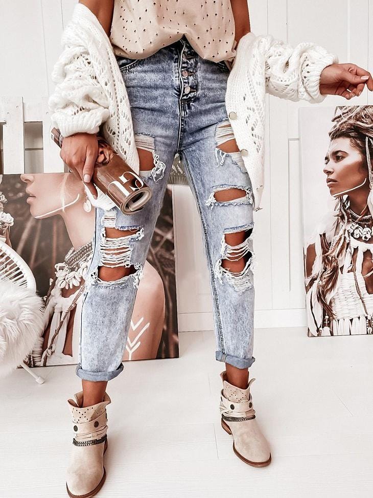 Jeans Casual Washed Mid-Rise Ripped Straight-Leg Jeans for Women