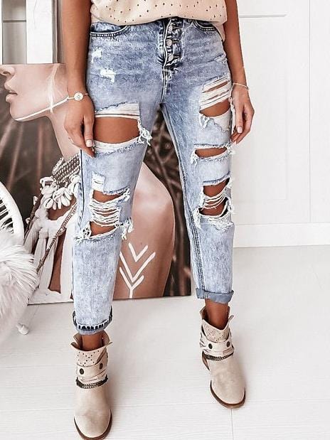 Jeans Casual Washed Mid-Rise Ripped Straight-Leg Jeans for Women