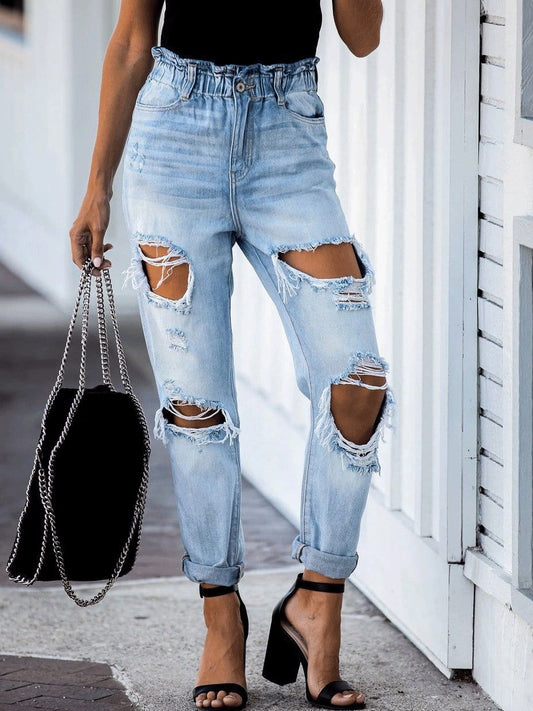 Jeans Elastic Waist Ripped Straight-Leg Jeans for Women DEN2109031146BLUS Blue / S