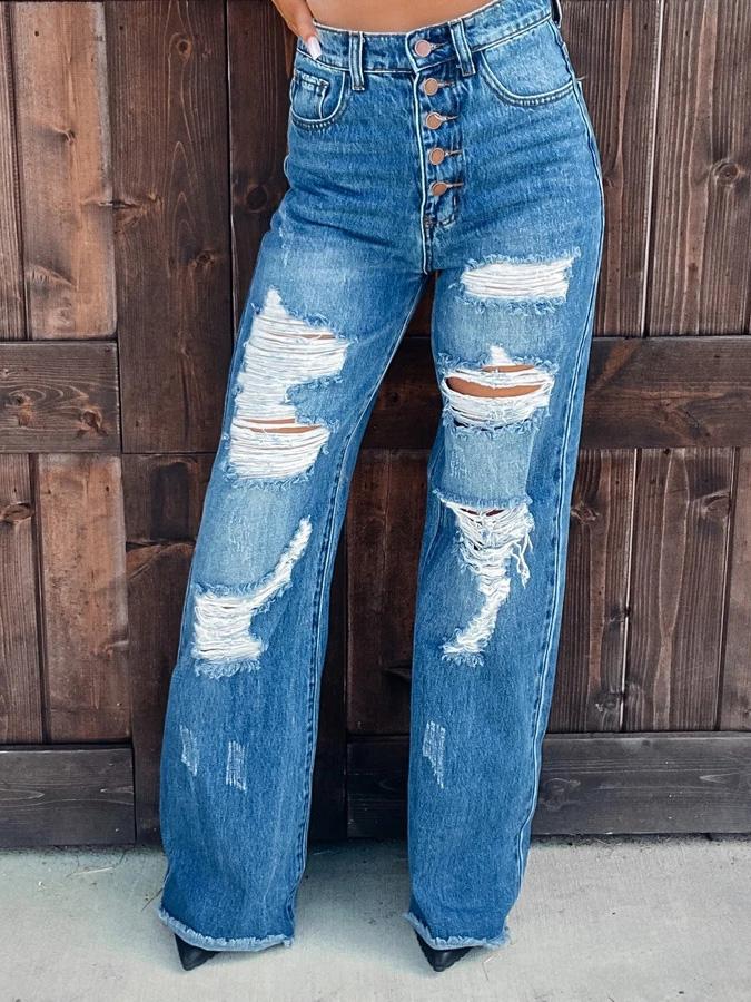 Jeans Fashion Ripped Washed Straight Jeans for Women