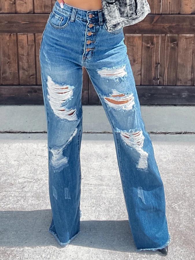 Jeans Fashion Ripped Washed Straight Jeans for Women