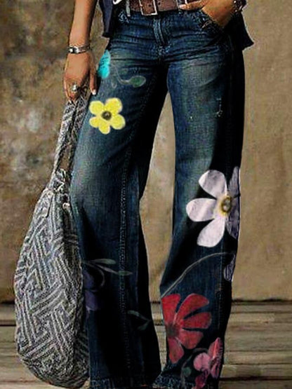 Jeans Floral Print Casual Wide-Leg Jeans for Women