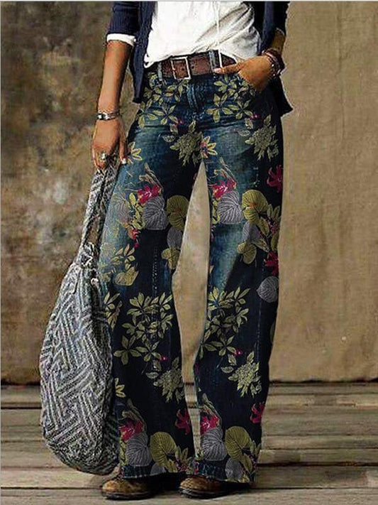Jeans Floral Print Casual Wide-Leg Jeans for Women DEN2109151153TBLUS Navy_Blue / S