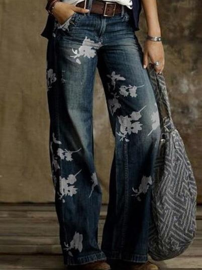 Jeans Floral Print Pocket Wide-Leg Jeans for Women