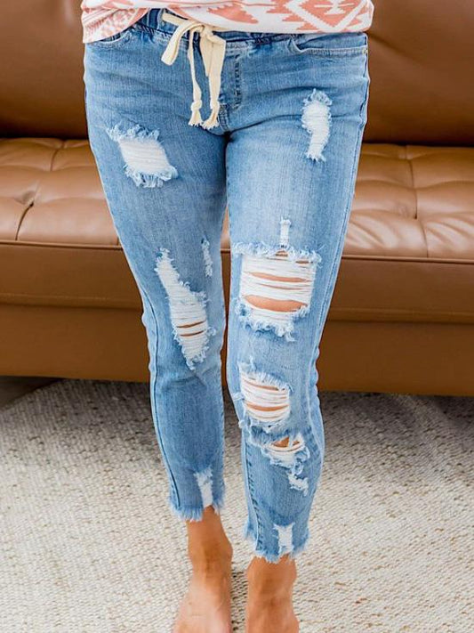 Jeans High-Rise Ripped Elastic Waist Jeans for Women DEN2112141170LBLUS Light_Blue / S