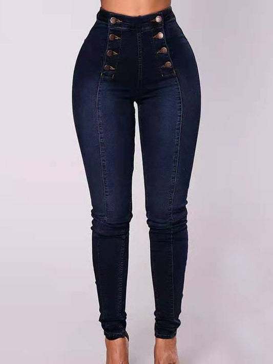 Jeans High Waist Double Breasted Slim Fit Stretch Jeans for Women DEN2202171183DBLUS Dark_Blue / S