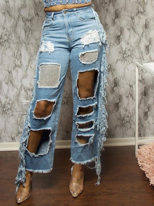 Jeans Hot Drill Ripped Fringed Jeans for Women DEN2206071215LBLUS Blue / S