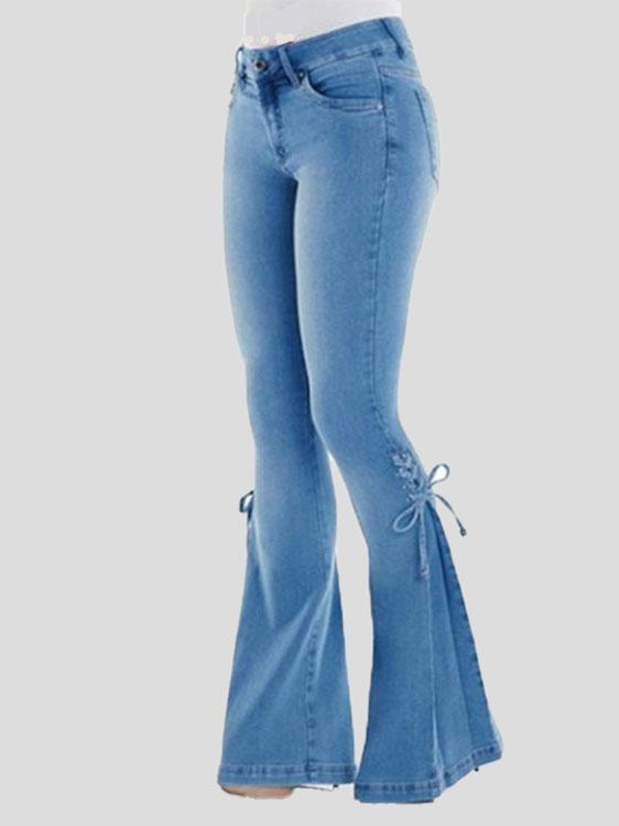 Jeans Mid-Waist Pocket Lace-Up Stretch Flared Jeans for Women