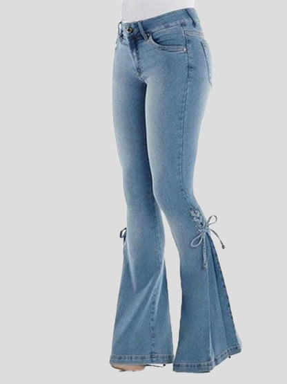 Jeans Mid-Waist Pocket Lace-Up Stretch Flared Jeans for Women DEN2111081162LBLUXS Light_Blue / XS