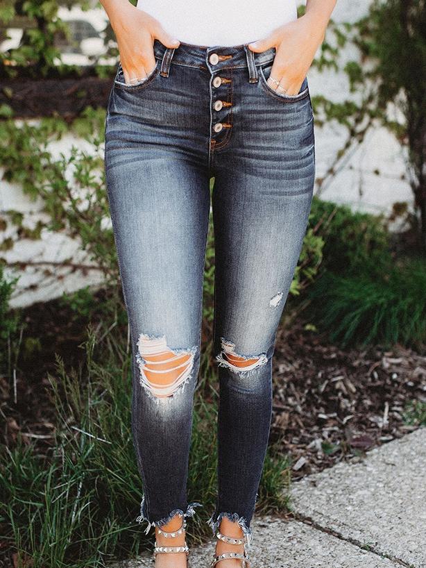 Jeans Ripped Buttons Slim Mid-Rise Jeans for Women