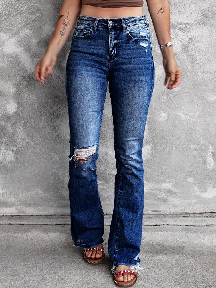 Jeans Ripped High Waist Retro Slim Micro Flared Jeans for Women DEN2112031166DBLUS Dark_Blue / S