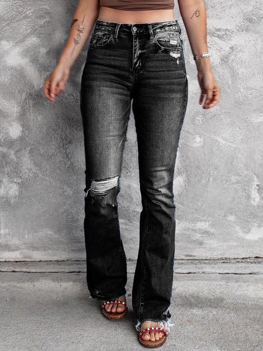 Jeans Ripped High Waist Retro Slim Micro Flared Jeans for Women DEN2112031166BLAS Black / S