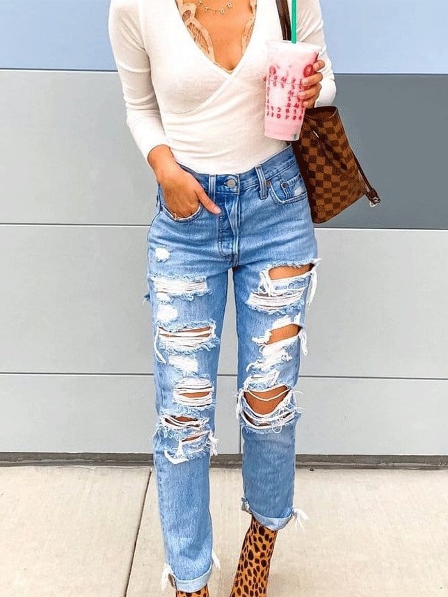 Jeans Ripped Straight-Leg Slim-Fit Jeans for Women