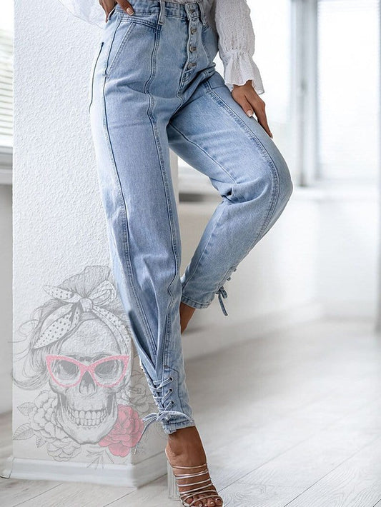 Jeans Simple High Waist Slim Tie Feet Jean for Women DEN2110231156BLUS Blue / S