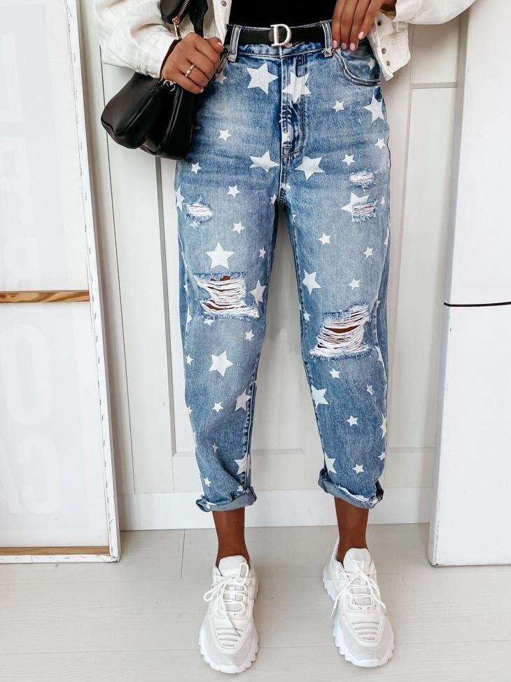 Jeans Skinny Pockets Ripped Star Pattern Jeans for Women