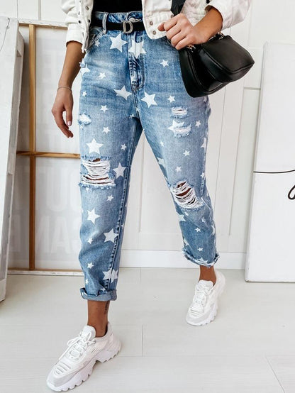 Jeans Skinny Pockets Ripped Star Pattern Jeans for Women
