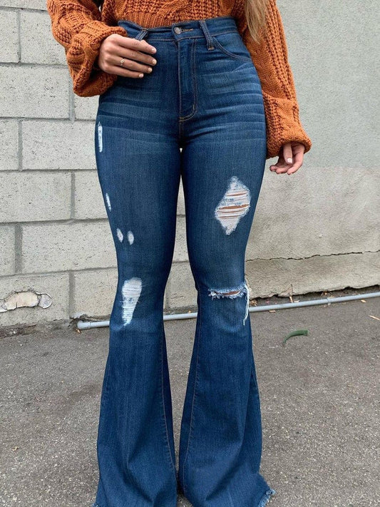 Jeans Washed Shredded Slim Fit Flare Jeans for Women DEN2201181175DBLUS Dark_Blue / S