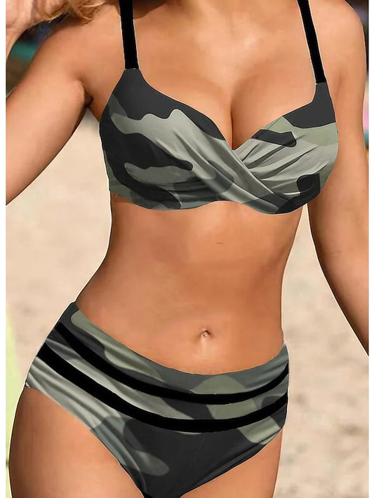 Women's Swimwear Bikini Bathing Suits 2 Piece Normal Swimsuit High Waisted Camouflage Gray Padded V Wire Bathing Suits