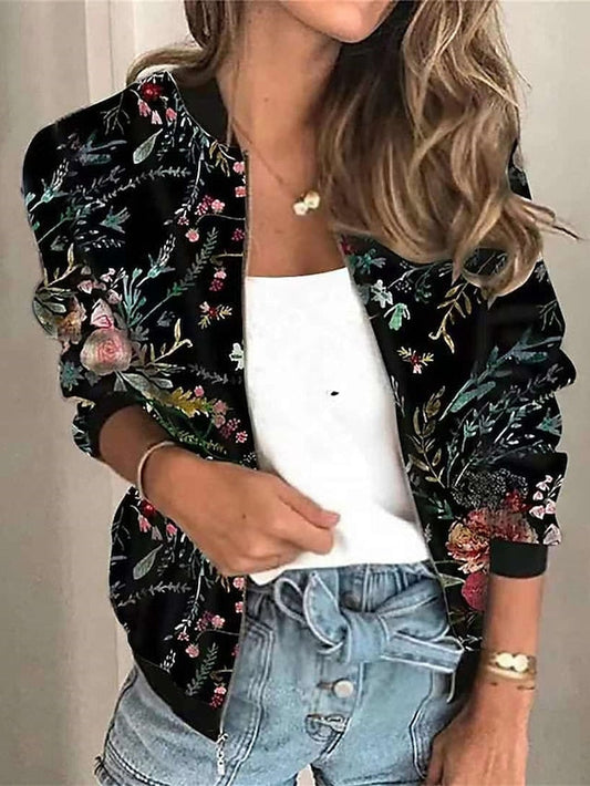 Women's Bomber Jacket Casual Jacket Outdoor Zipper Floral Pattern Breathable Streetwear Regular Fit Outerwear Long Sleeve Summer Black