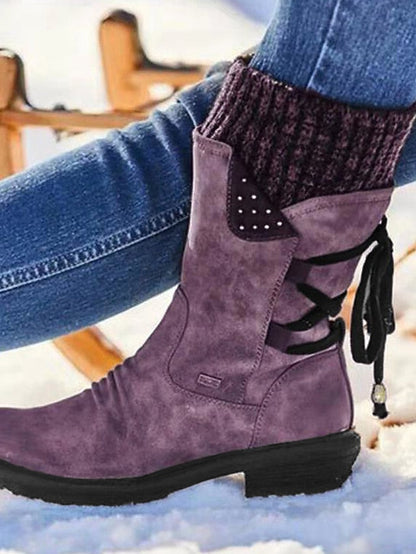 Women's Boots Snow Boots Outdoor Daily Mid Calf Boots Winter Lace-up Flat Heel Round Toe Casual Faux Leather Zipper Blue Purple Khaki - LuckyFash™