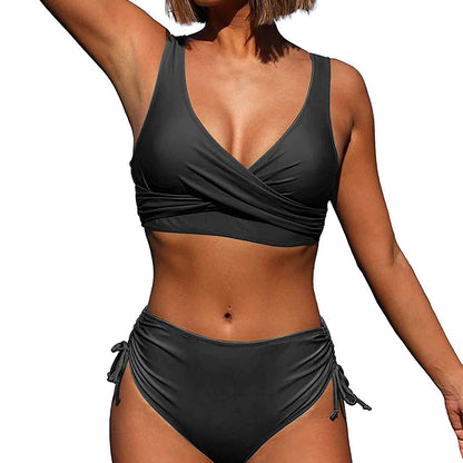 Women's Swimwear Bikini 2 Piece Normal Swimsuit Pleated 2 Piece High Waist Open Back Sexy Pure Color Black Red Fuchsia Green Padded V Wire Bathing Suits Sexy Vacation Stylish