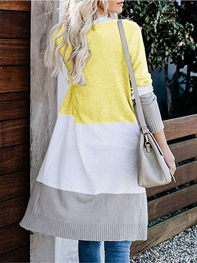 Women's Cardigan Sweater Jumper Ribbed Knit Tunic Patchwork Pocket Color Block Open Front Stylish Casual Daily Going out Summer Spring Yellow Blue S M L - LuckyFash™