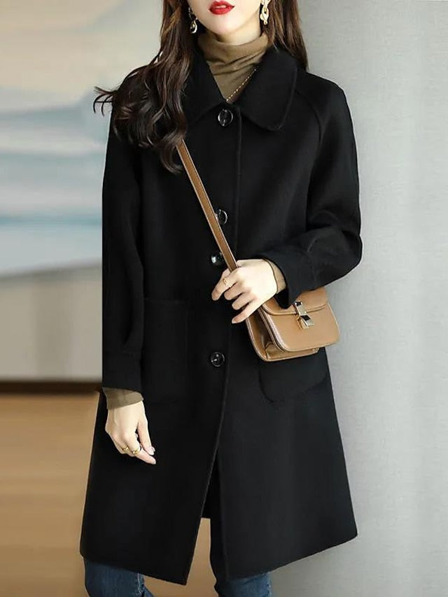Women's Winter Coat Long Overcoat Single Breasted Lapel Pea Coat Thermal Warm Windproof Trench Coat with Pockets Elegant Outerwear Fall Outerwear Long Sleeve Gray Black