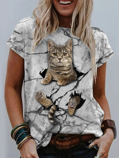 Women's T shirt Tee Black White Light Grey Graphic Cat Print Short Sleeve Casual Daily Cute Vintage Round Neck Regular 3D Cat S - LuckyFash™