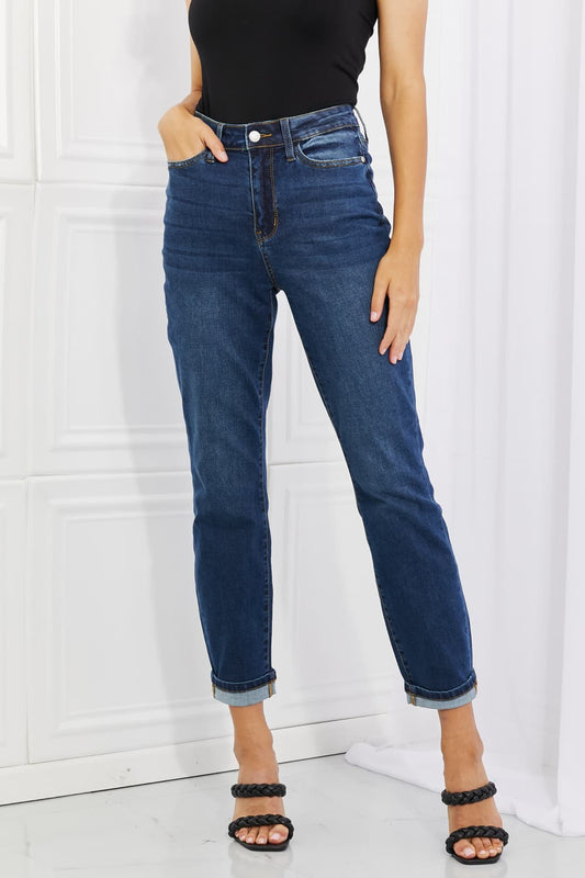 Judy Blue Crystal Full Size High Waisted Cuffed Boyfriend Jeans MS231013019157F0(24) Dark / 0(24)