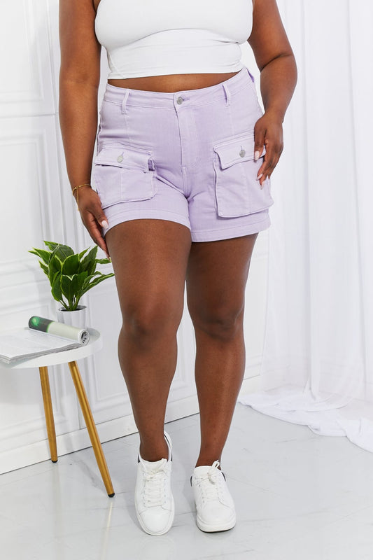 Judy Blue Full Size Carter Dyed Cargo Shorts MS231013046383FXS Lavender / XS