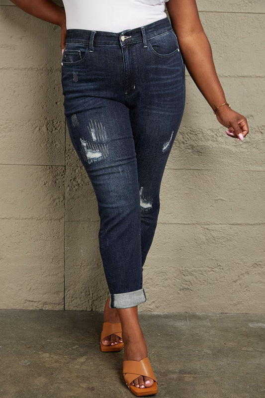 Judy Blue Full Size Mid Rise Distressed Cuffed Boyfriend Jeans MS231013023776F0(24) Dark / 0(24)