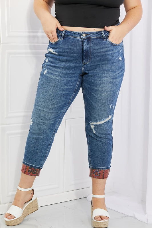 Judy Blue Gina Full Size Mid Rise Paisley Patch Cuff Boyfriend Jeans MS231013016591F0(24) Medium / 0(24)