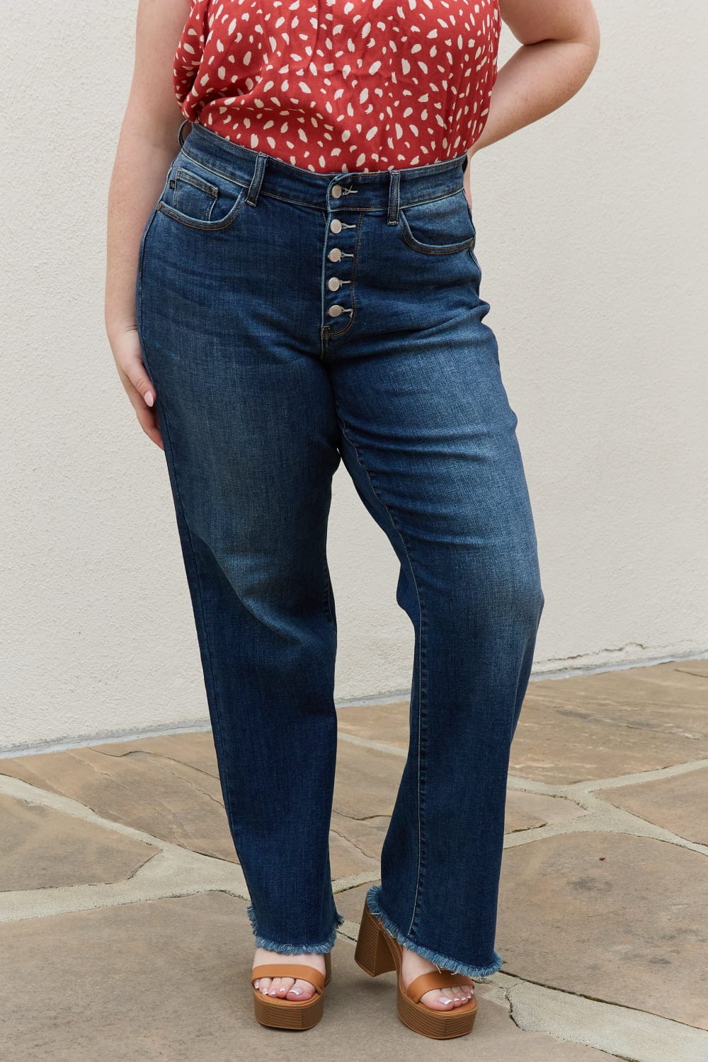 Judy Blue Pauline Full Size High Waisted Button Fly Wide Leg Jeans MS231013060502F0 Dark / 0