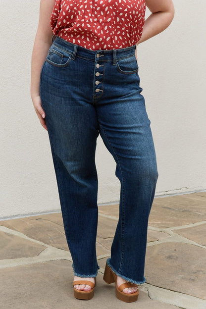 Judy Blue Pauline Full Size High Waisted Button Fly Wide Leg Jeans MS231013060502F0 Dark / 0