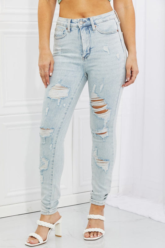 Judy Blue Tiana Full Size High Waisted Distressed Skinny Jeans MS231013025861F0(24) Light / 0(24)