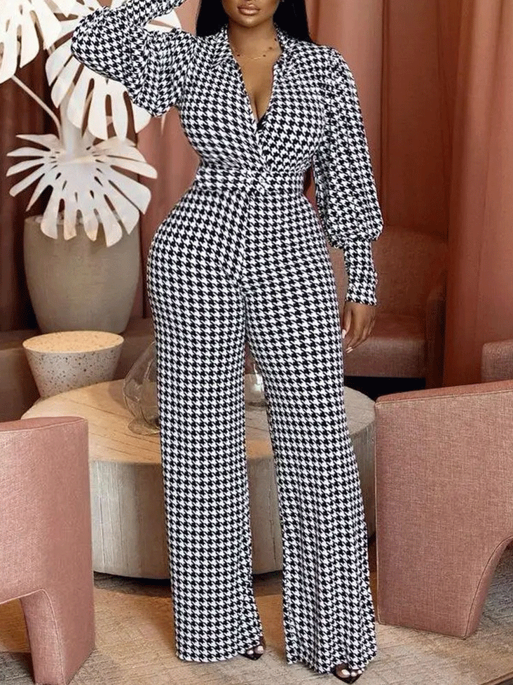 Jumpsuits Bubble Long Sleeve V-Neck Printed Jumpsuit for Women