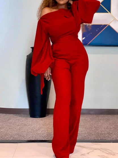 Jumpsuits Casual Off-Shoulder High-Waisted Wide-Leg Jumpsuit for Women JUM2108251296REDS Red / S