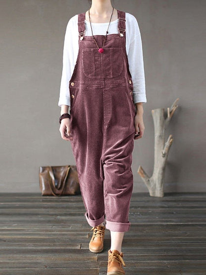 Jumpsuits Corduroy Solid Casual Pocket Bib Jumpsuit for Women