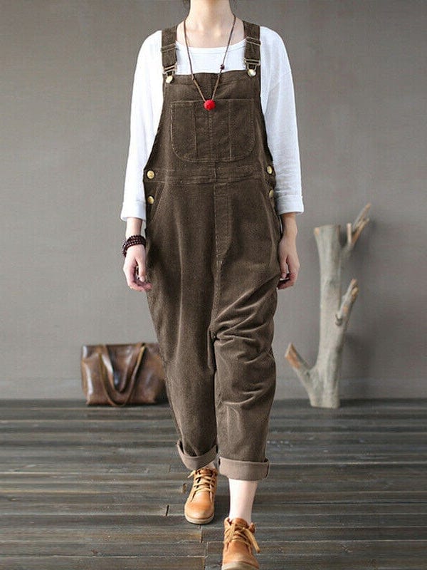 Jumpsuits Corduroy Solid Casual Pocket Bib Jumpsuit for Women JUM2201111390COFS Brown / S