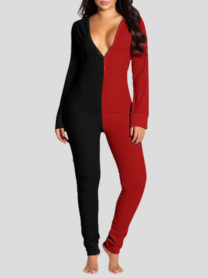 Jumpsuits Deep V-Neck Button-Style Functional Long Sleeve Jumpsuit for Women