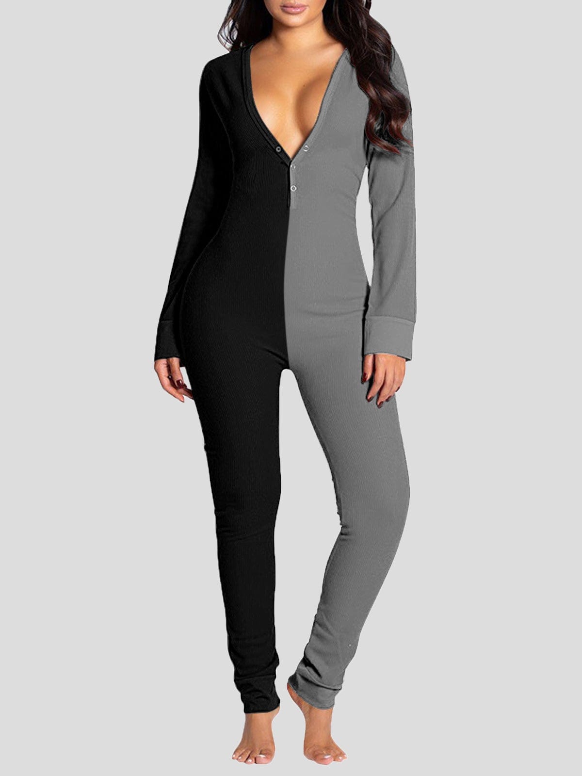 Jumpsuits Deep V-Neck Button-Style Functional Long Sleeve Jumpsuit for Women