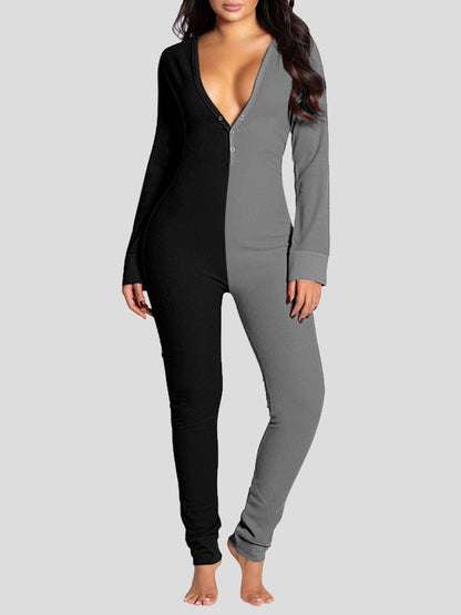 Jumpsuits Deep V-Neck Button-Style Functional Long Sleeve Jumpsuit for Women